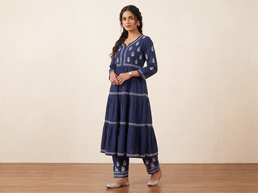 Solid Navy Rayon Hand Embroidered Chikankari Kurti with palazzo Set