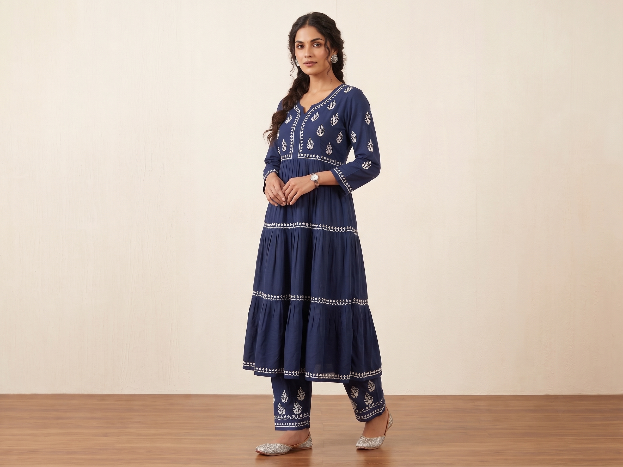 Solid Navy Rayon Hand Embroidered Chikankari Kurti with palazzo Set