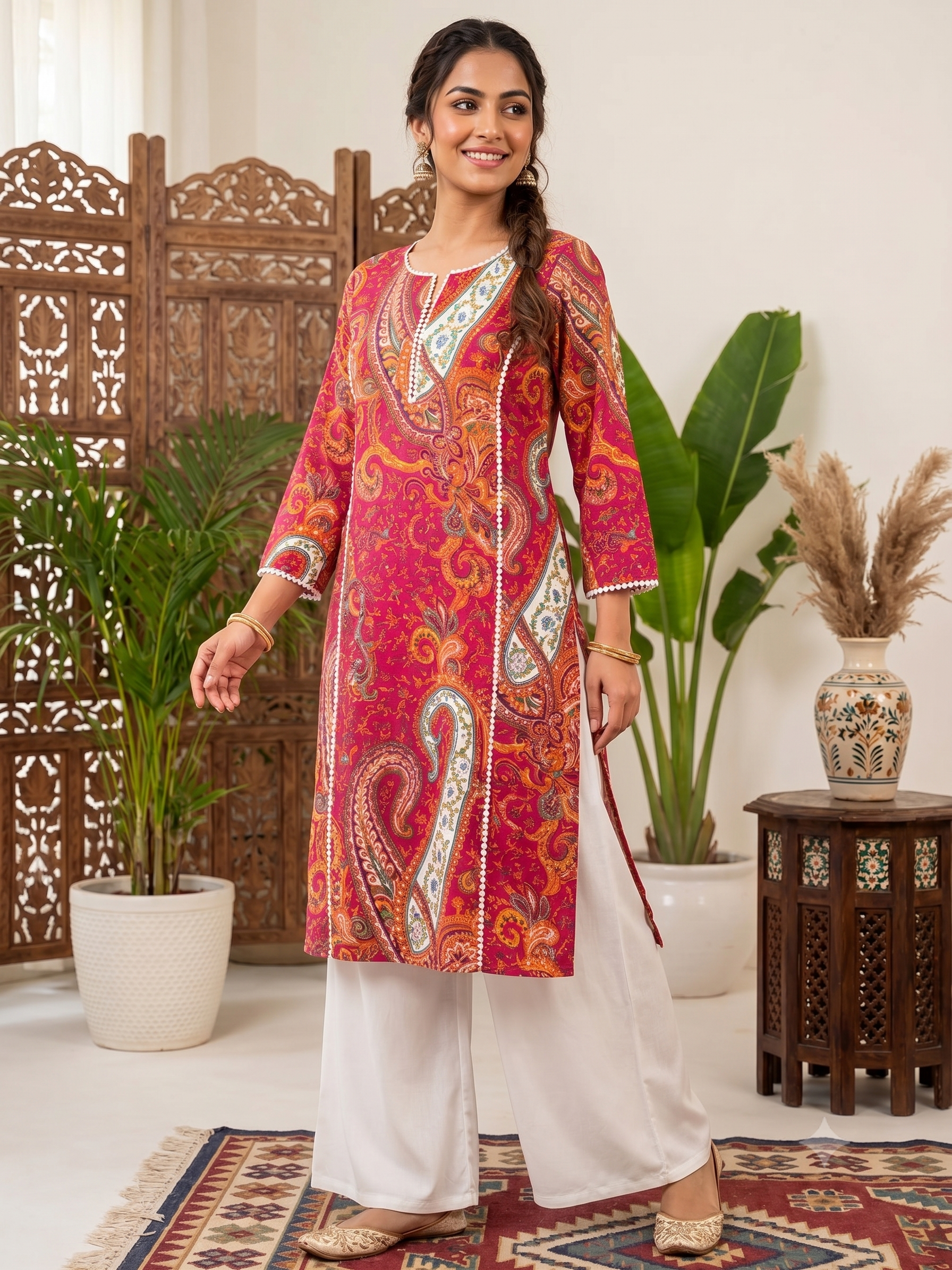 Princes Cut with Lace Detailing Paisely Printed  Cotton Kurti  (Top Only)