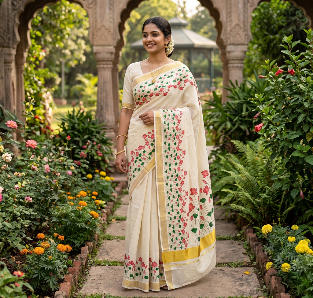 Kerala Tissue Cotton Saree with Zari Border & Water Lily Floral Print