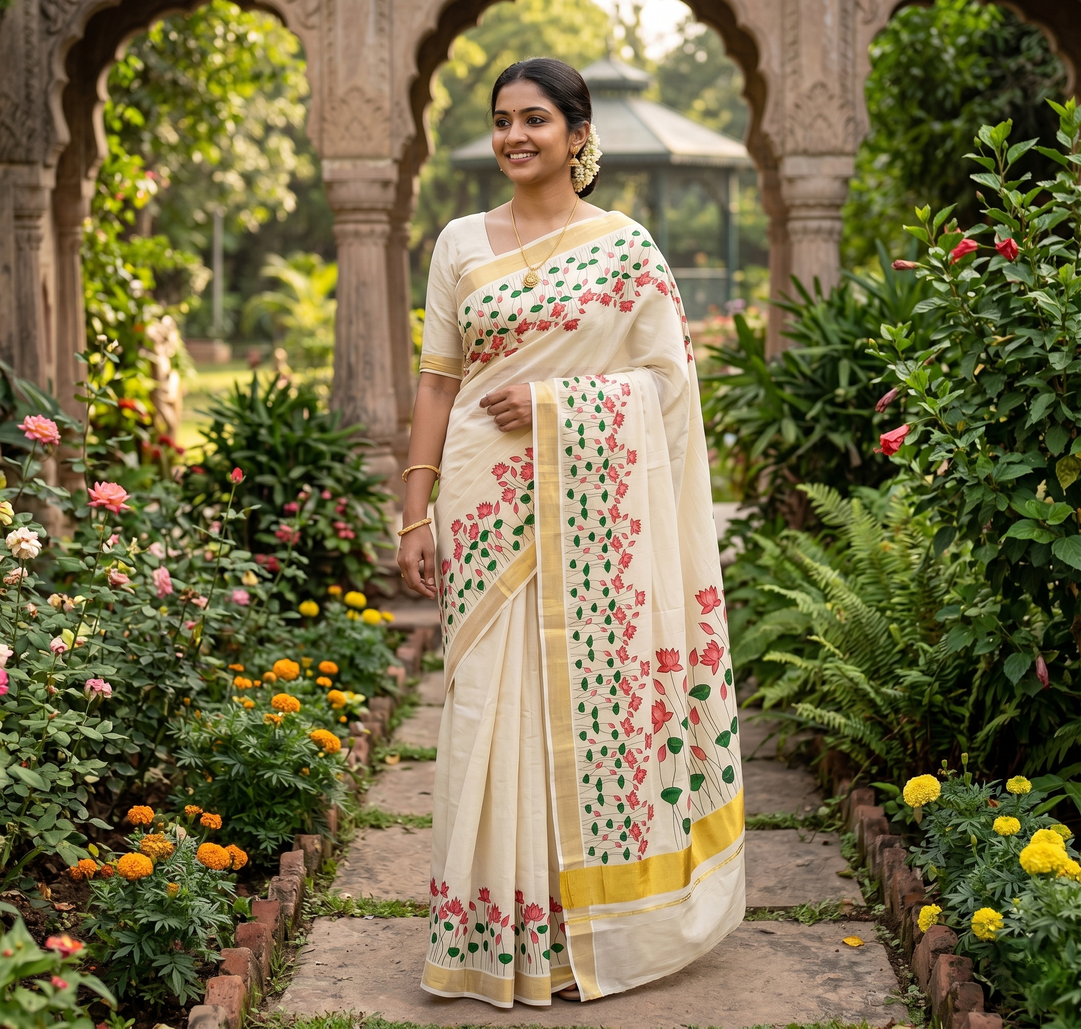 Kerala Tissue Cotton Saree with Zari Border & Water Lily Floral Print