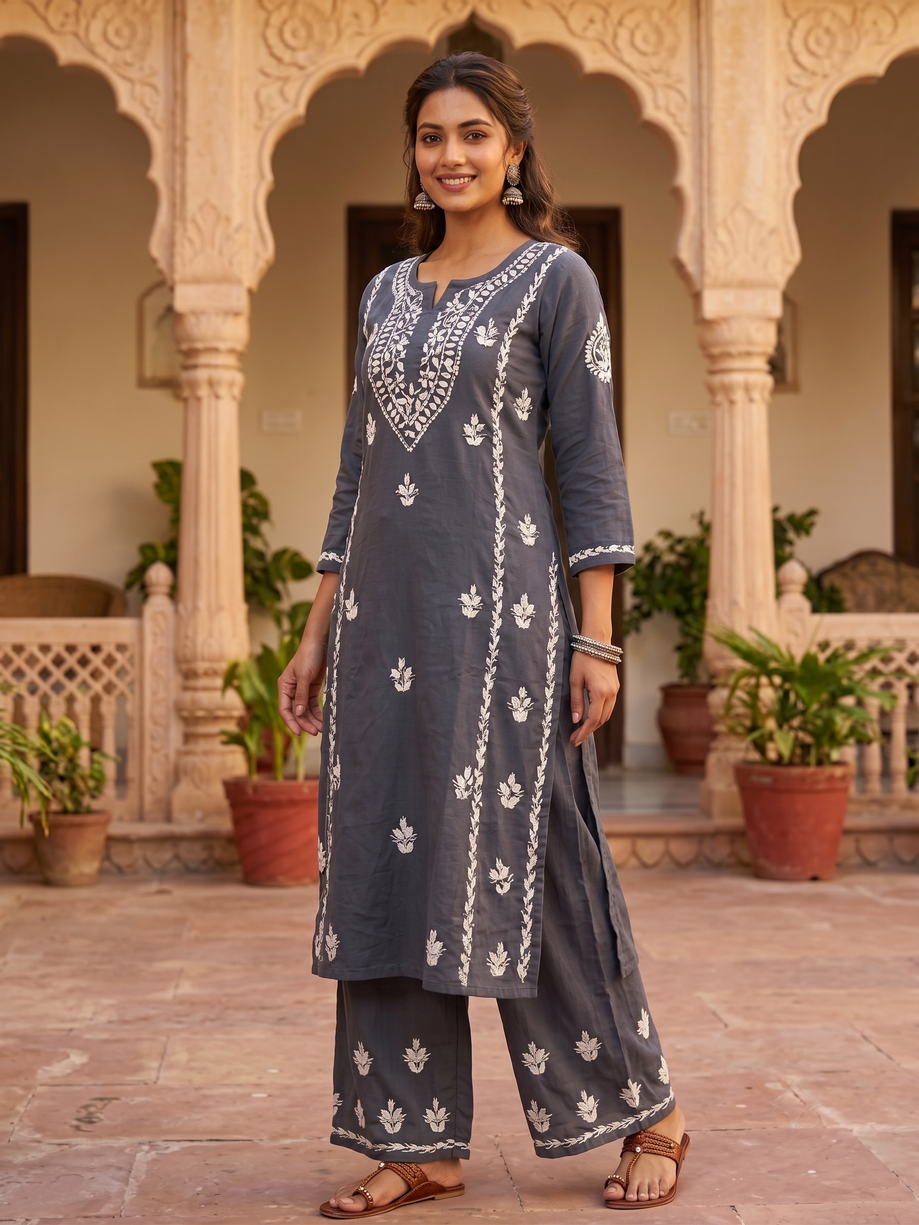 Solid Grey Rayon Hand Embroidered Chikankari Kurti with palazzo Set
