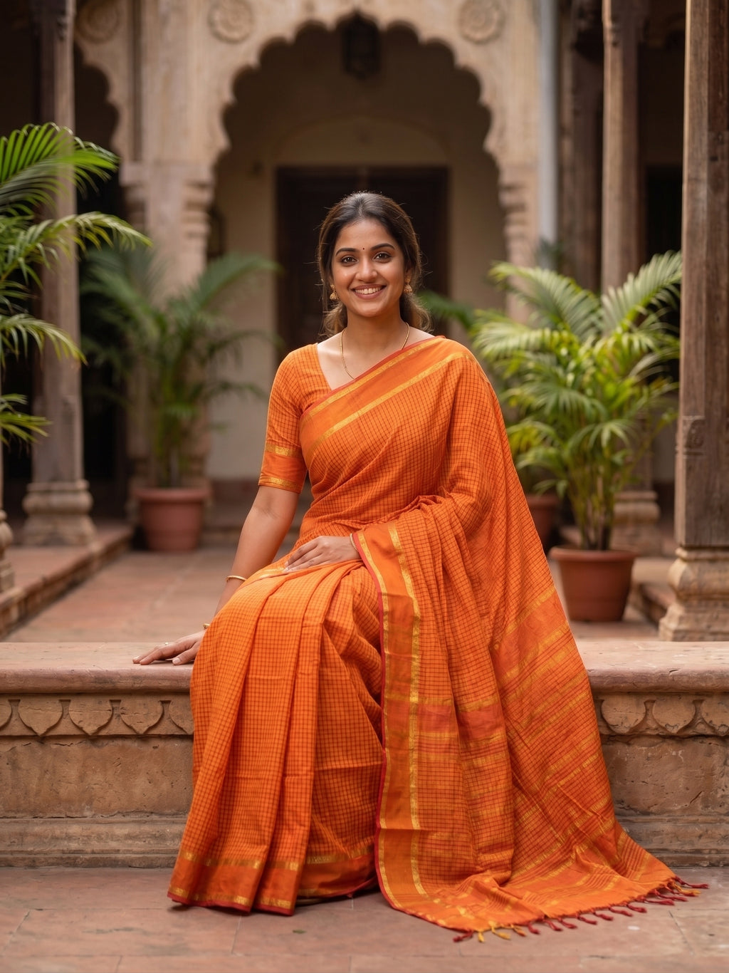Orange Micro checkered Kalyani cotton saree with Golden zari border
