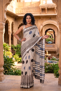 Indigo white Polka Printed Linen Saree with Silver Border