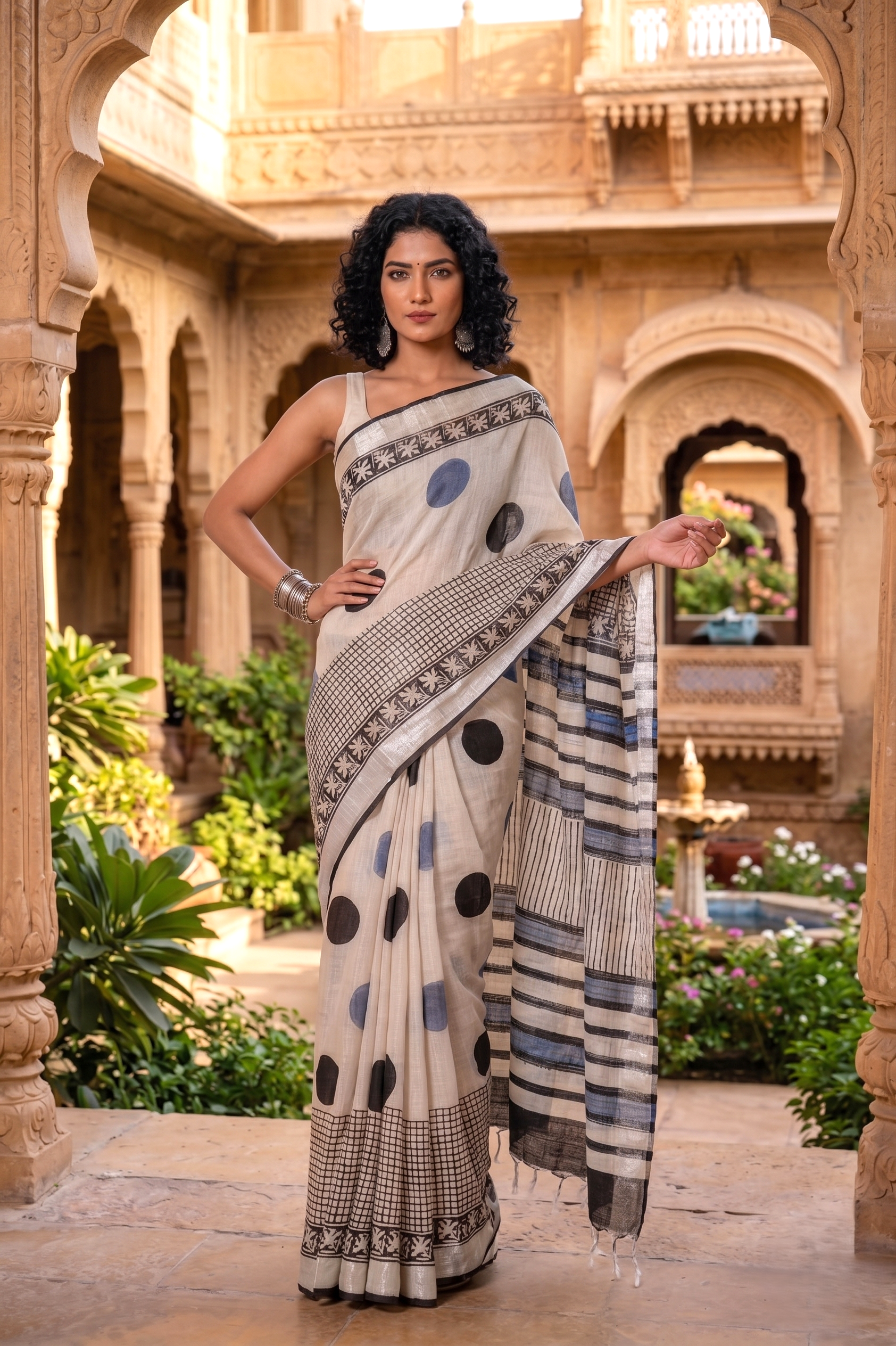 Indigo white Polka Printed Linen Saree with Silver Border