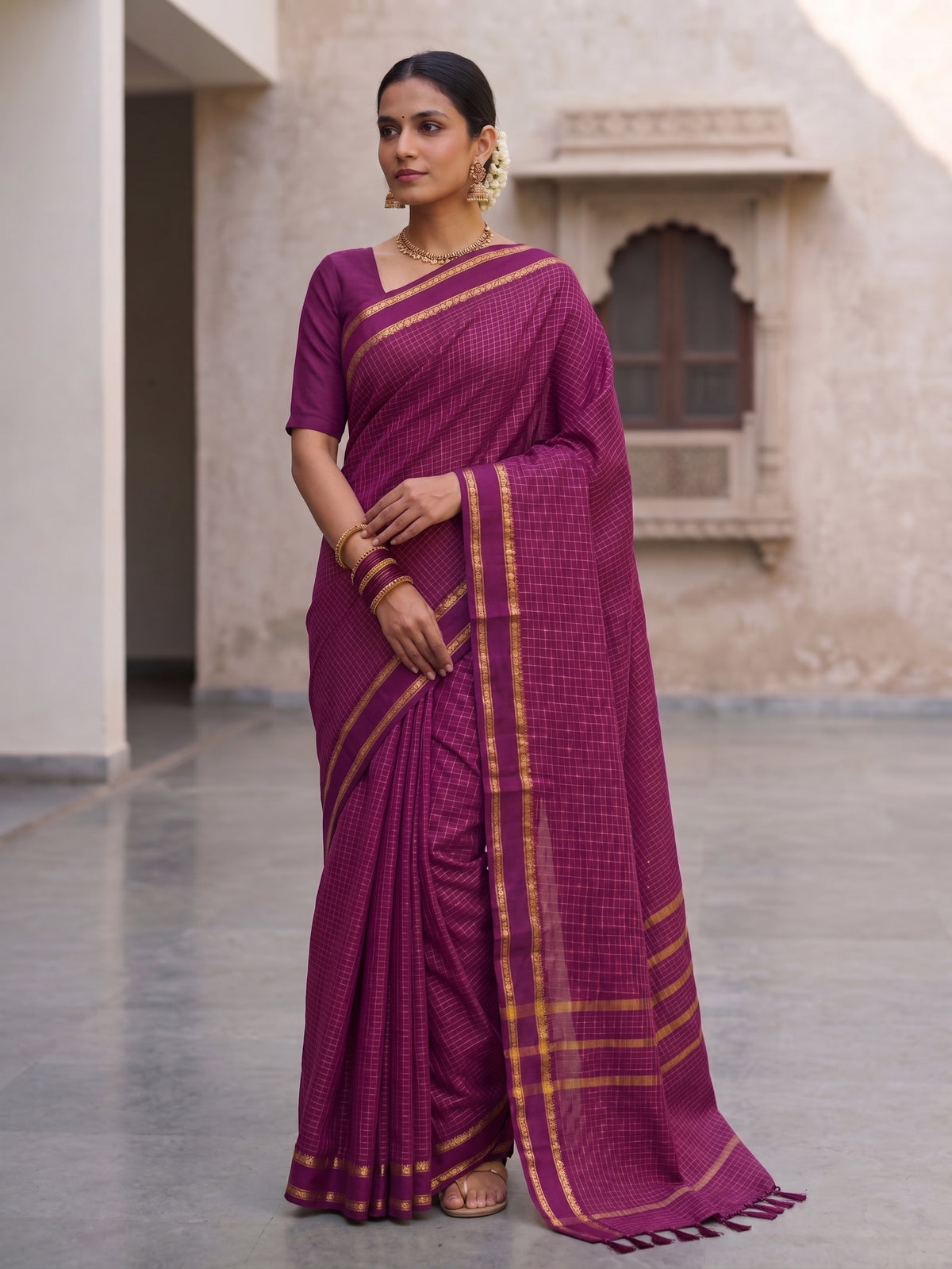 Magenta Micro checkered Kalyani cotton saree with Golden zari border