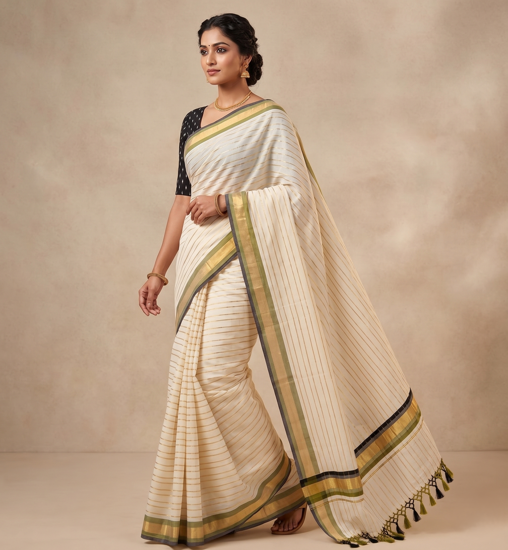 Zari Woven Striped with Muti Border Kerala Cotton Saree