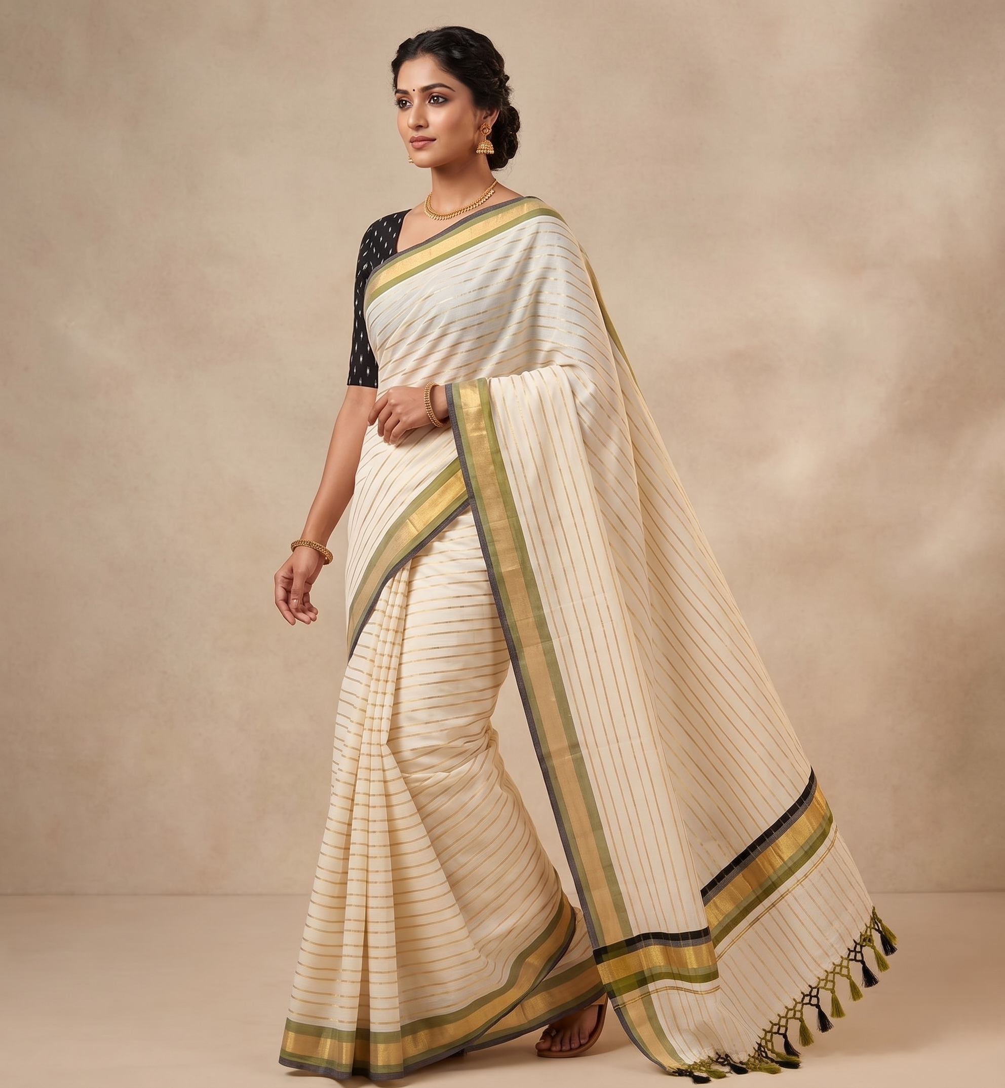 Zari Woven Striped with Muti Border Kerala Cotton Saree