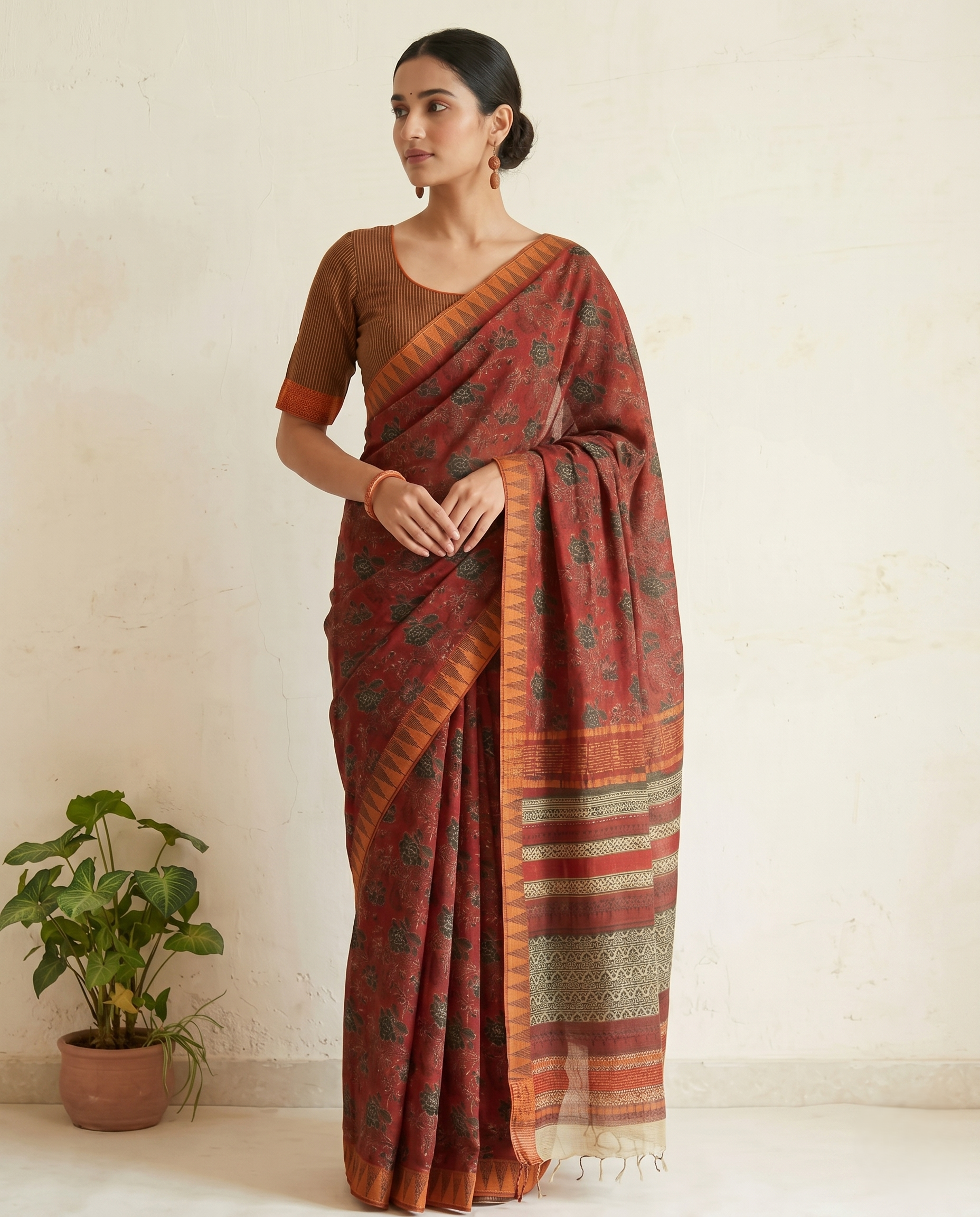 Rust & Maroon Hand Printed Silk Cotton Saree