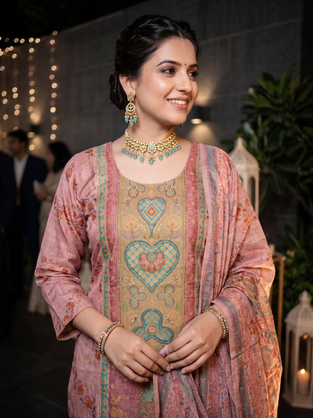 Position Printed Wine Pure Dola Silk with Beads work Kurti with Pants & Dupatta