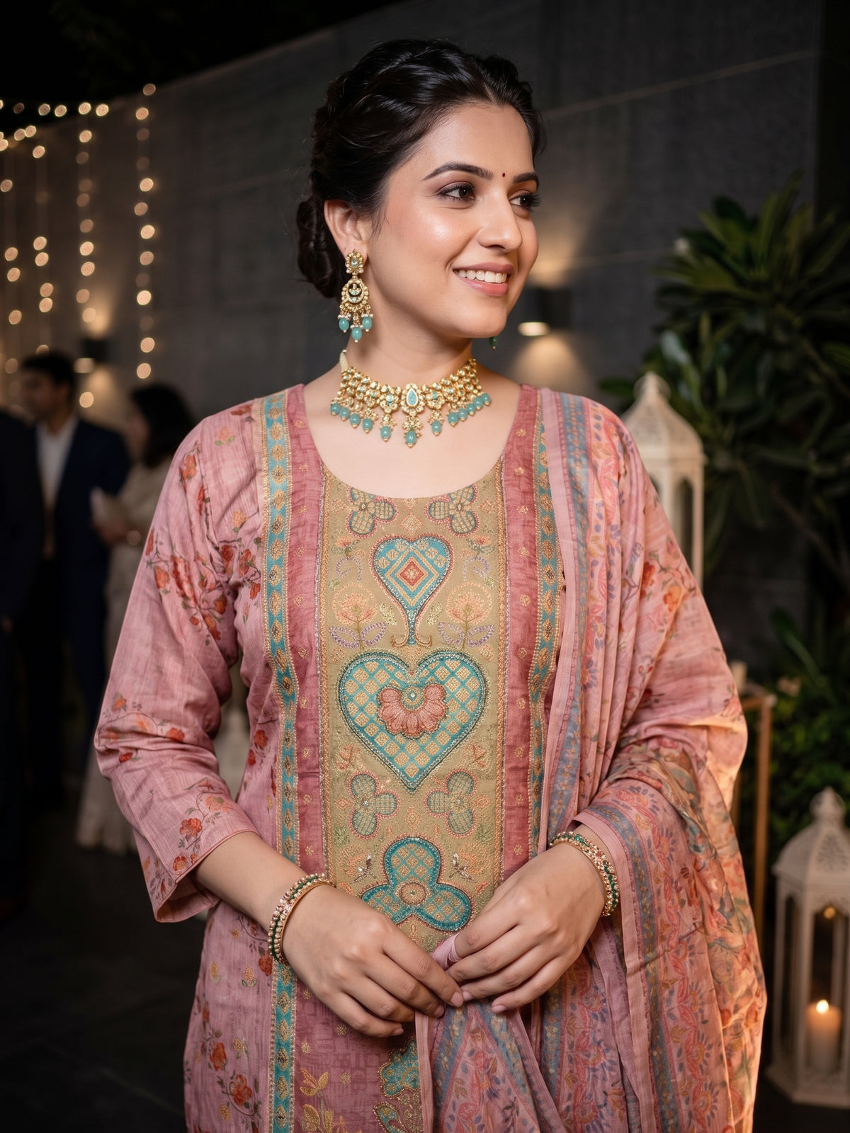 Position Printed Wine Pure Dola Silk with Beads work Kurti with Pants & Dupatta