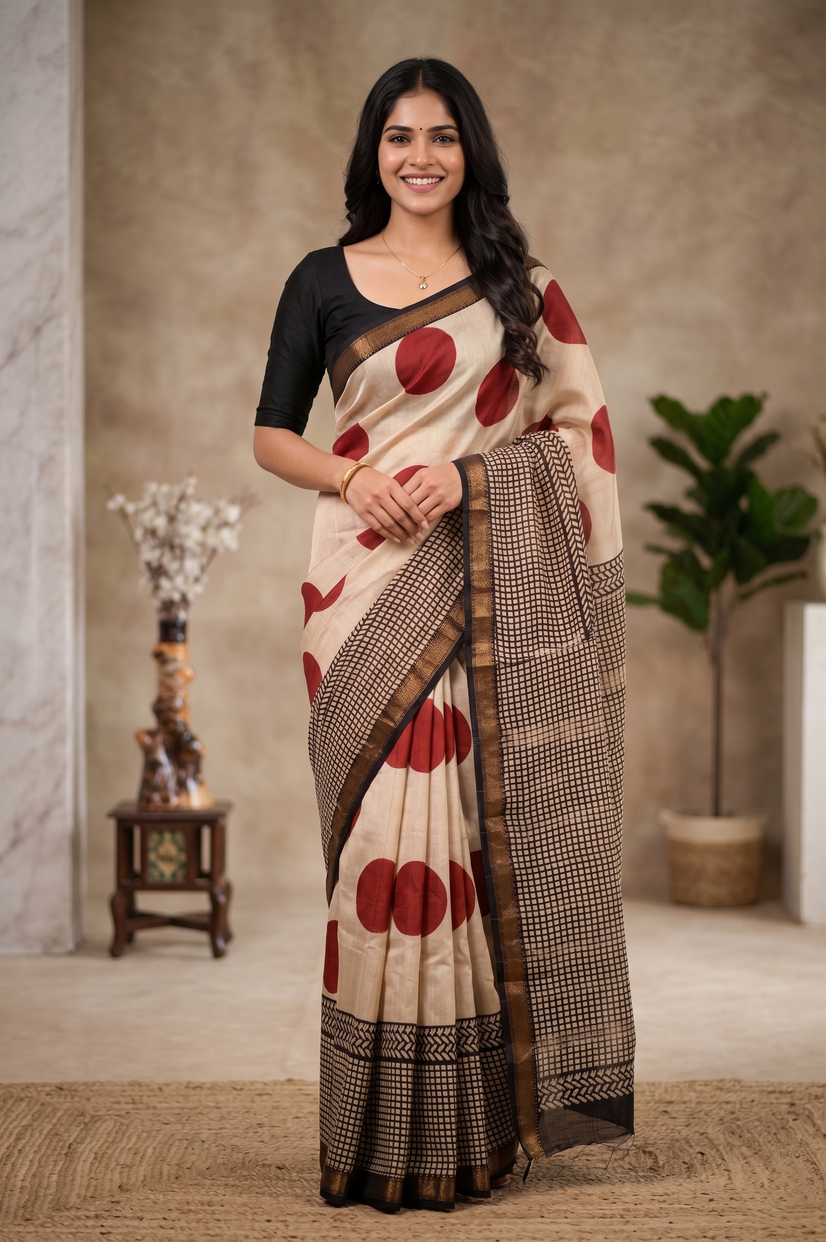 Polka Dot With Checkered Design Pure Chanderi Silk Saree