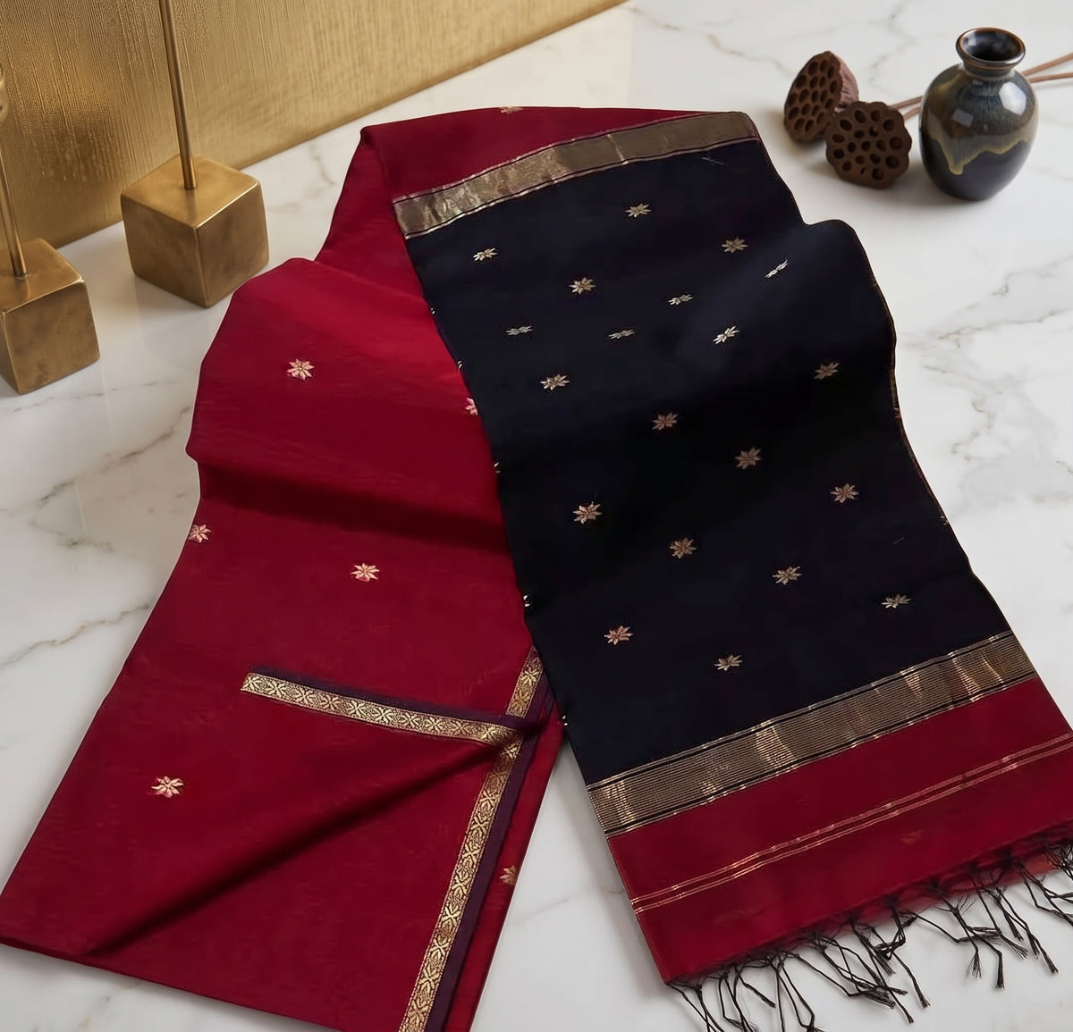 Maroon & Black Maheswari cotton Saree