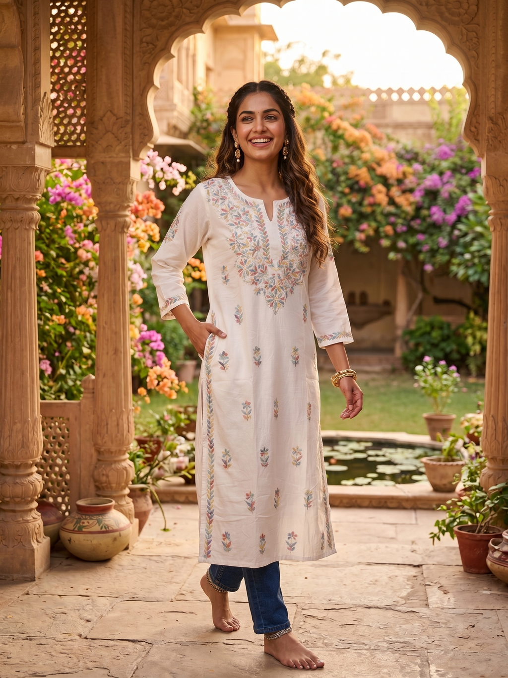 Ivory with Multi Thread Hand Embroidered Chikankari Kurti Top