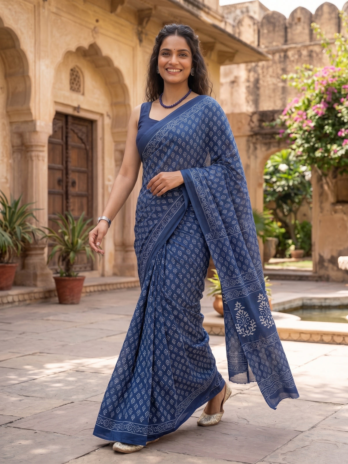Indigo Hand Block Printed Mul Cotton Saree