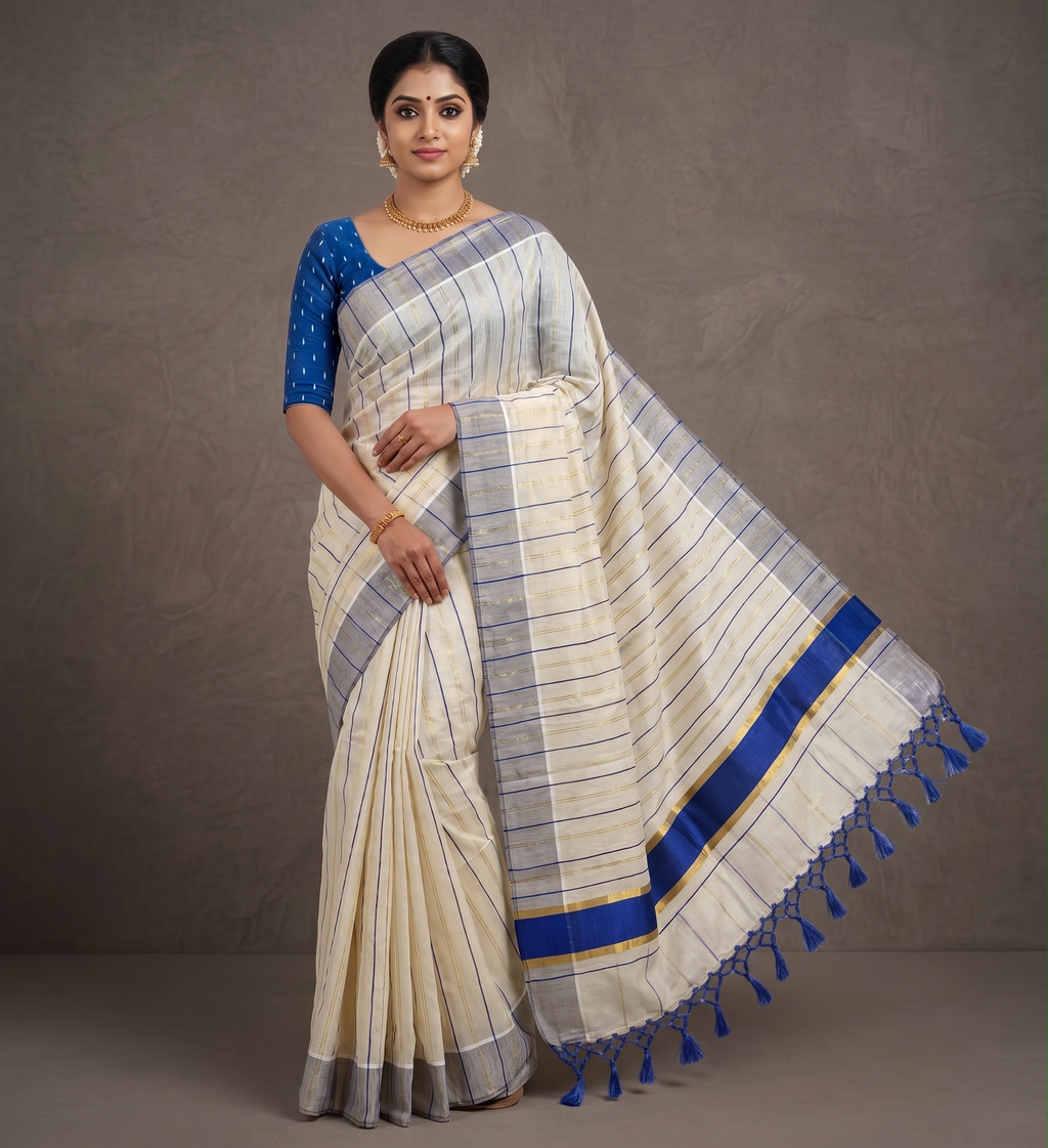 Blue Vertical Striped Tissue Cotton Kerala Saree With Matching Blouse