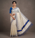 Blue Vertical Striped Tissue Cotton Kerala Saree With Matching Blouse