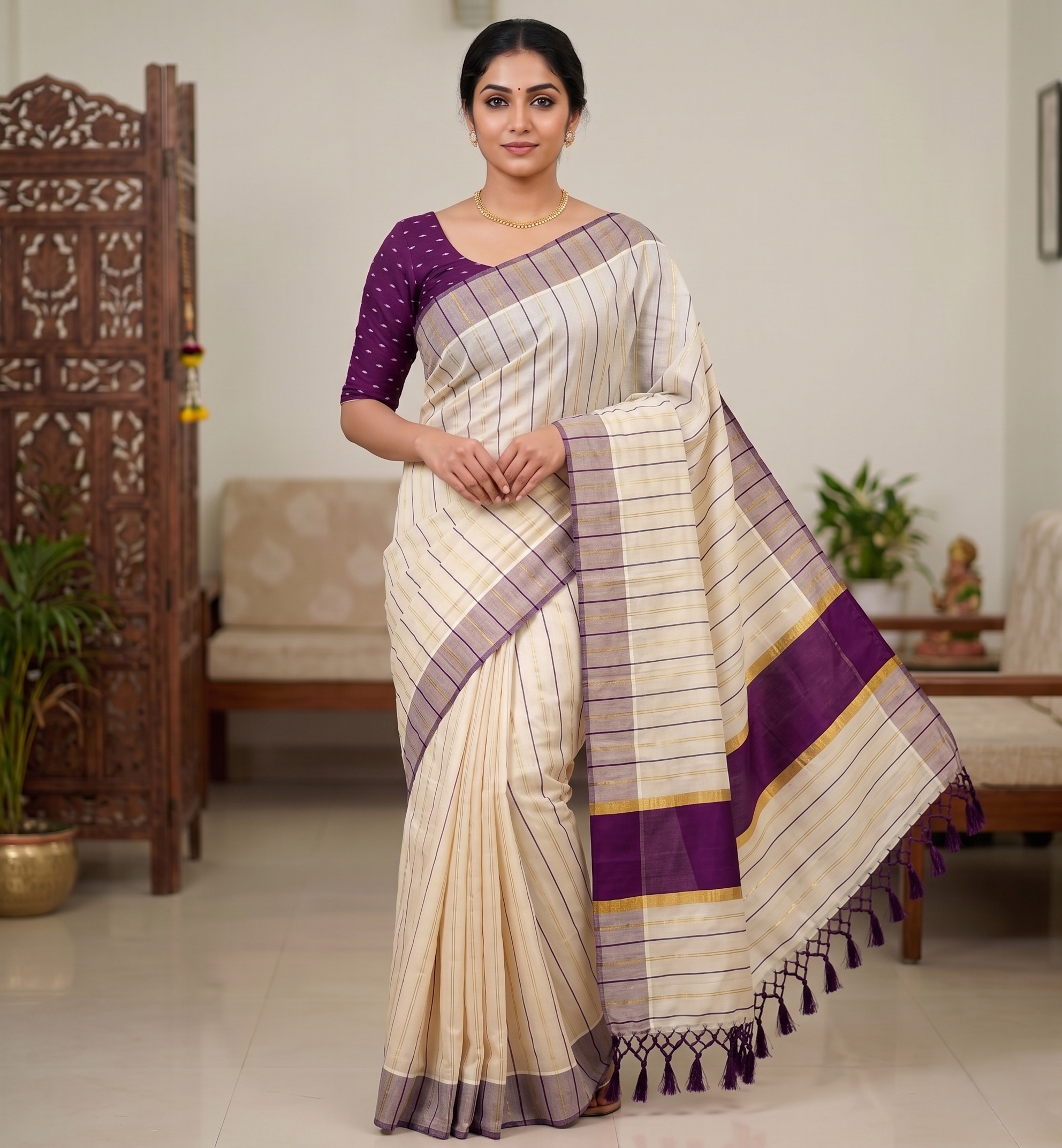 Purple Vertical Striped Tissue Cotton Kerala Saree With Matching Blouse