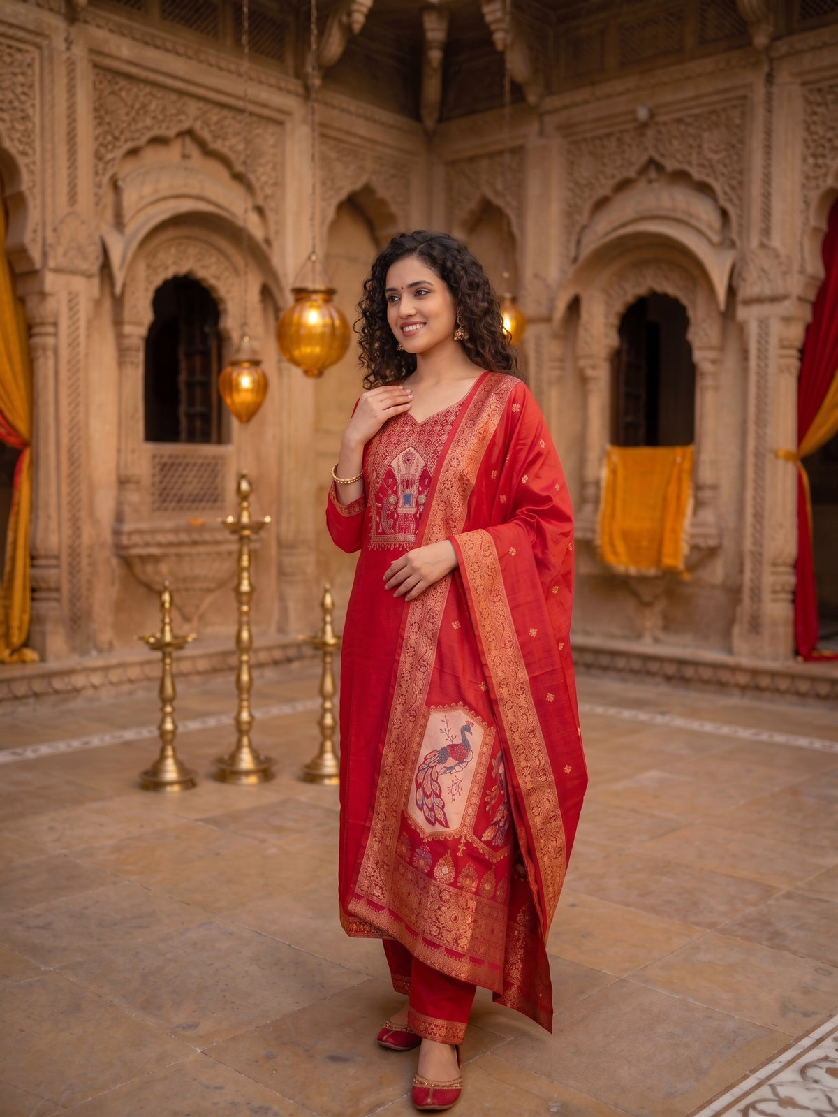 Solid Red  Banarsi patch Worked Kurti with Palazzo and Banarsi Jacquard Dupatta