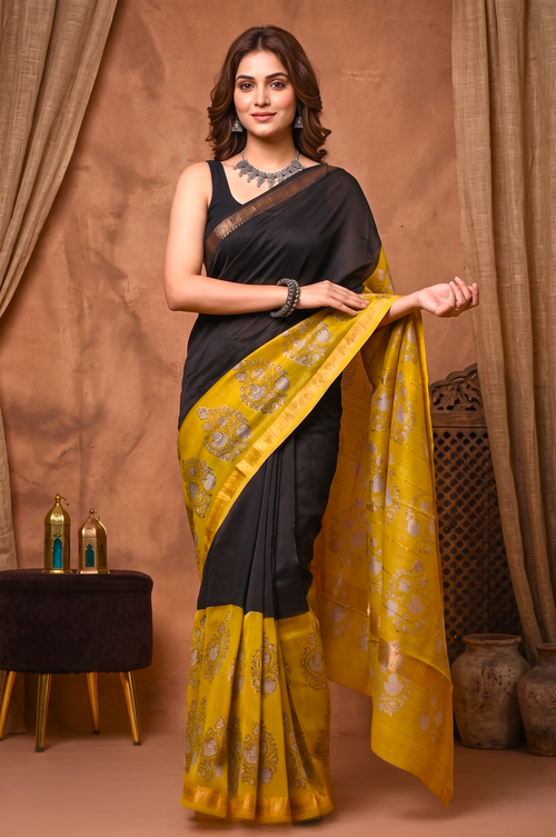 Black & Yellow Hand Block Printed Pure Maheswari Silk Saree