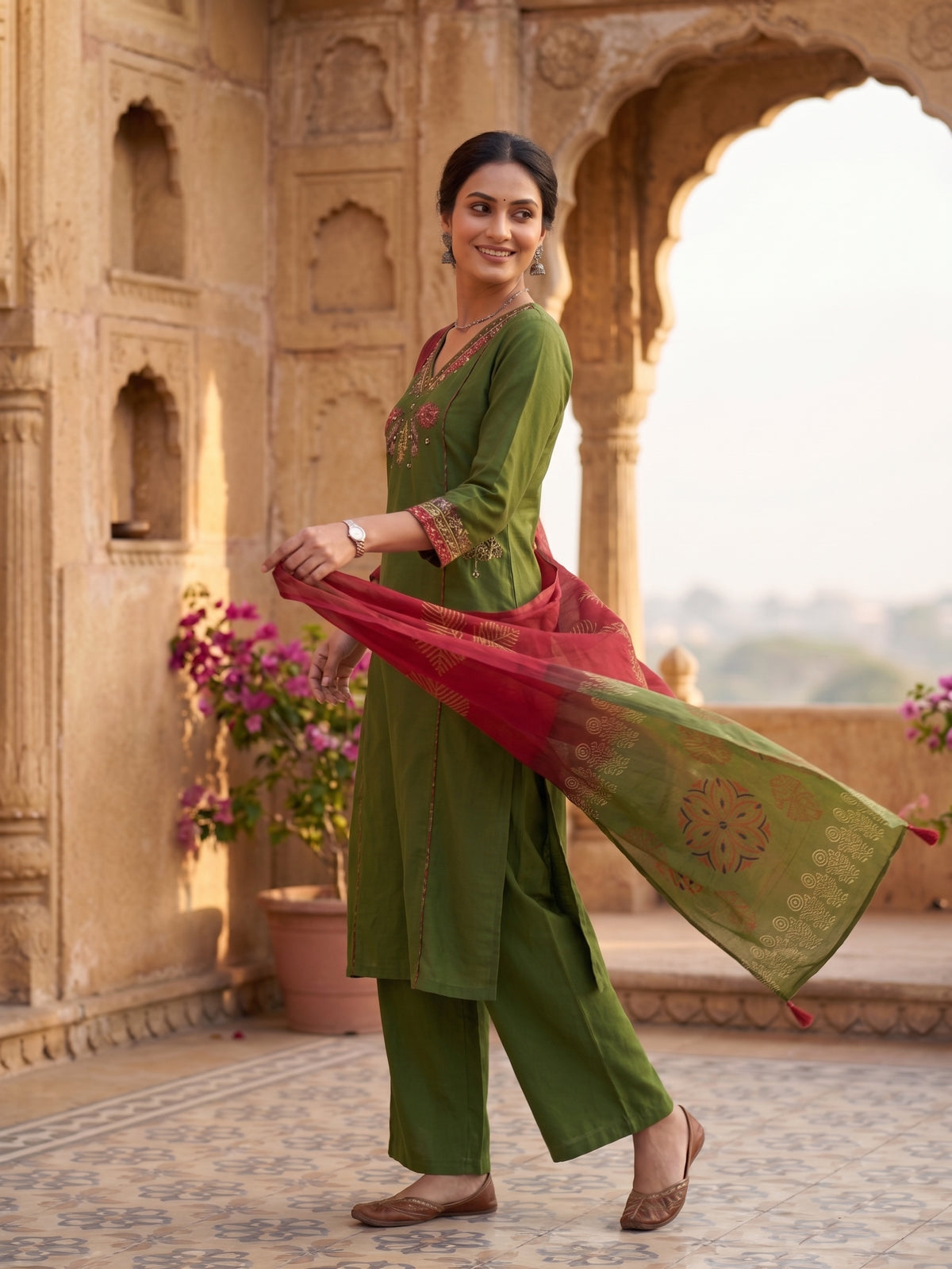 Solid Green Ajrak Patched with Embroidery Dhabu Cotton Kurti Set
