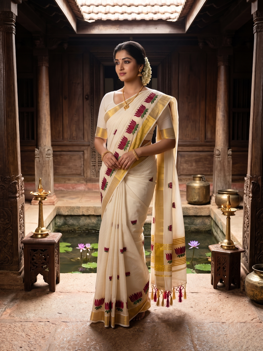 Zari Woven Vertical Striped Lotus Embroidered Kerala Cotton Saree