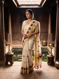 Zari Woven Vertical Striped Lotus Embroidered Kerala Cotton Saree