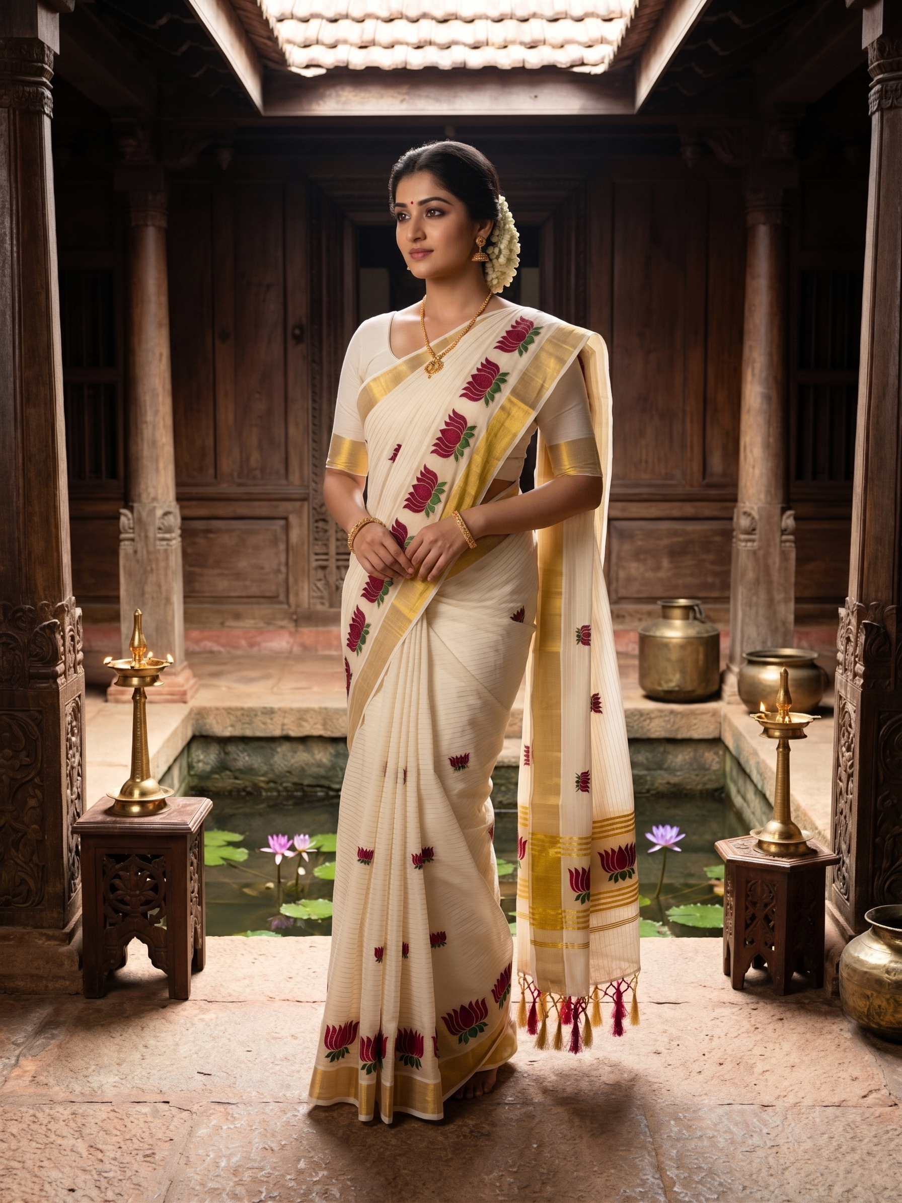 Zari Woven Vertical Striped Lotus Embroidered Kerala Cotton Saree