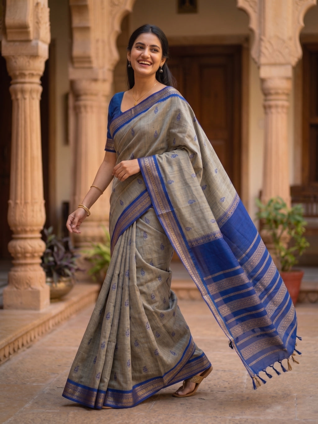 Grey with Blue Border Kalyani Cotton Saree