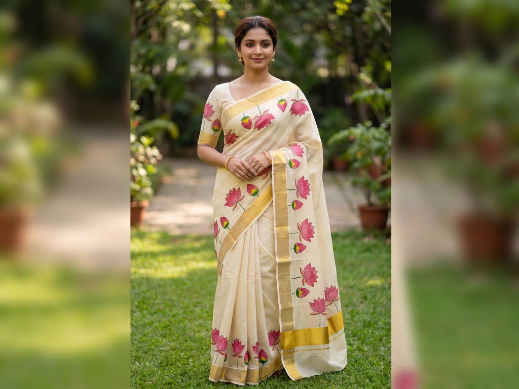 Lotus Printed Kerala Tissue Cotton Saree with Zari Border