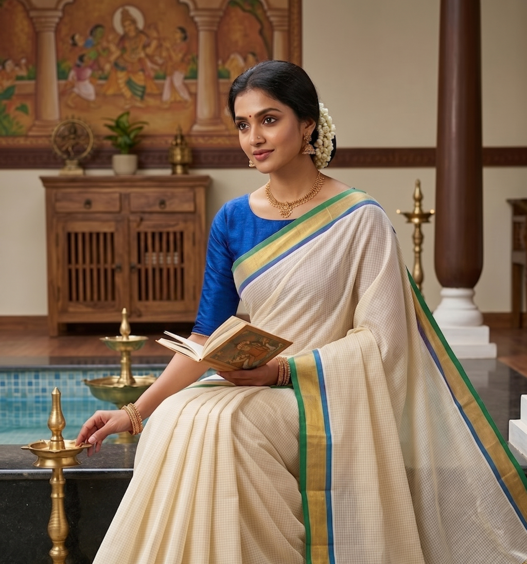 Small Checkered With Golden Zari Border Kerala Cotton Saree