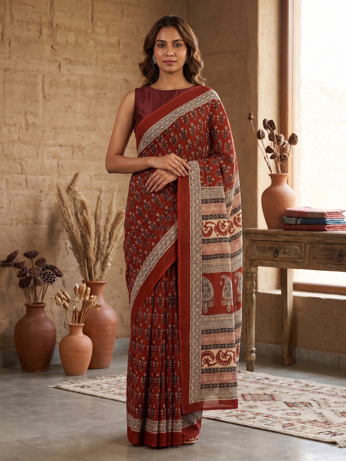 Maroon Hand Block Printed Mul Cotton Saree