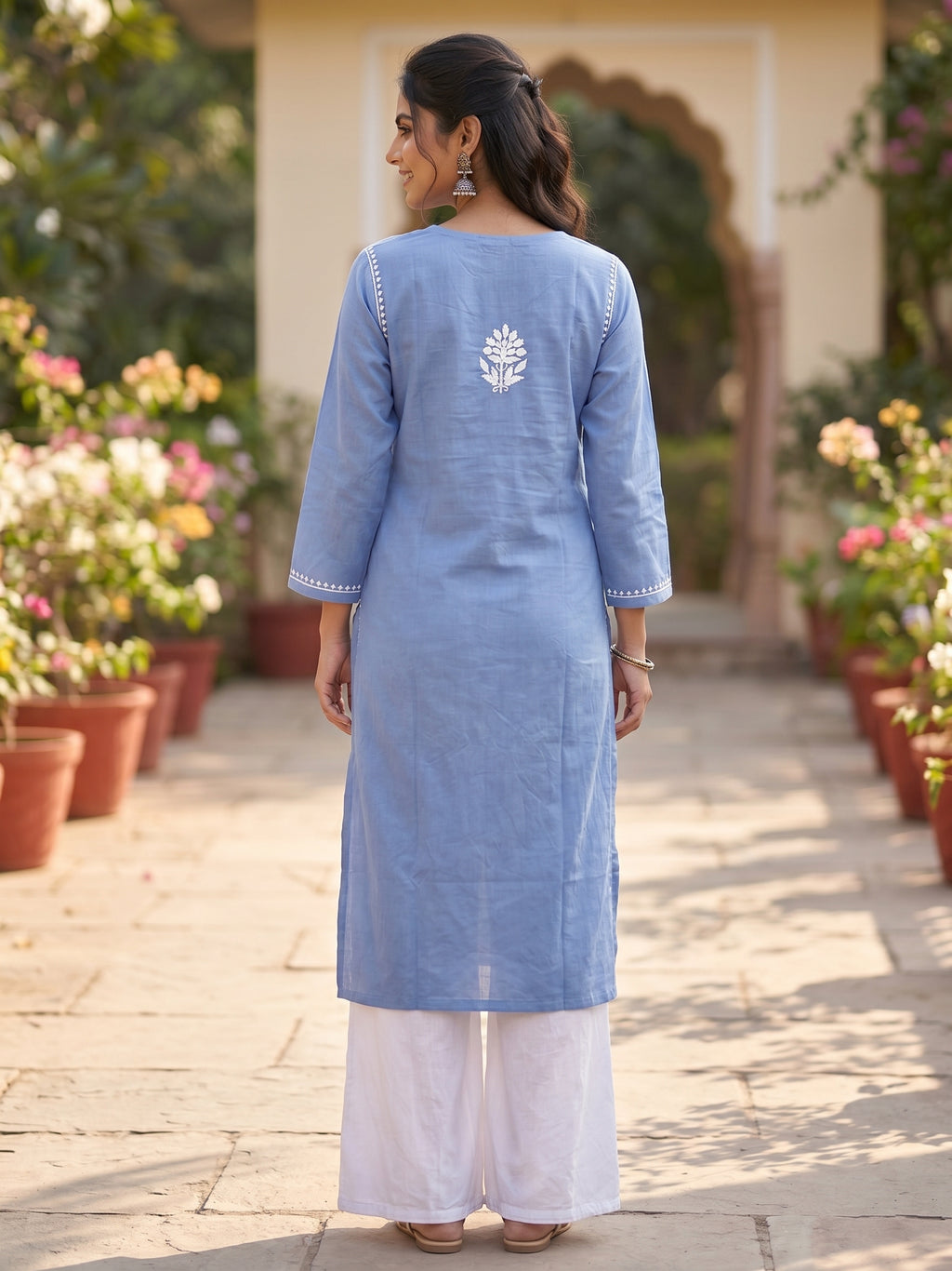 Light Blue Hand Embroidered Chikankari Kurti Top