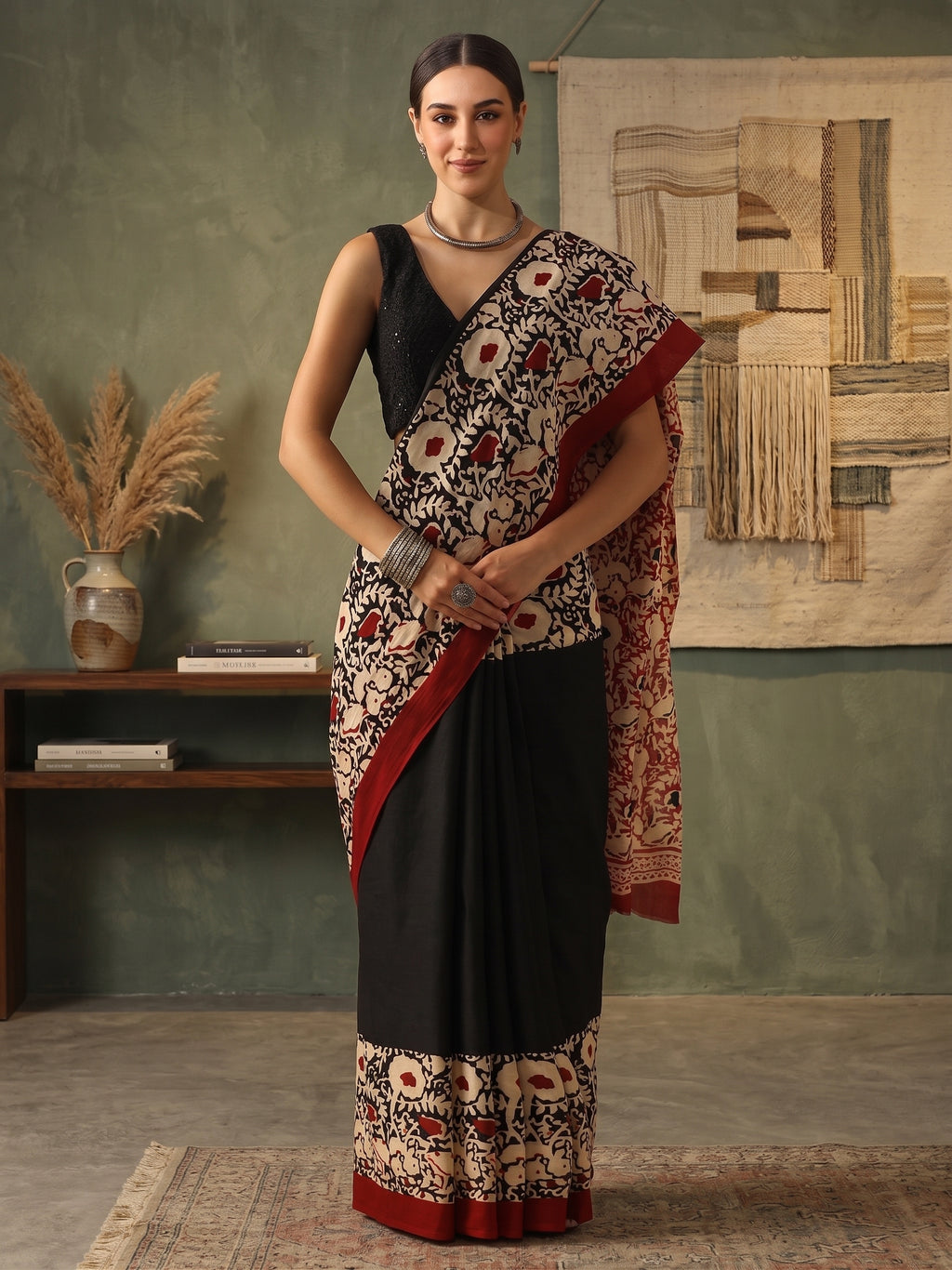 Black & Maroon Hand Block Printed Mul Cotton Saree