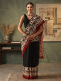 Black & Maroon Hand Block Printed Mul Cotton Saree