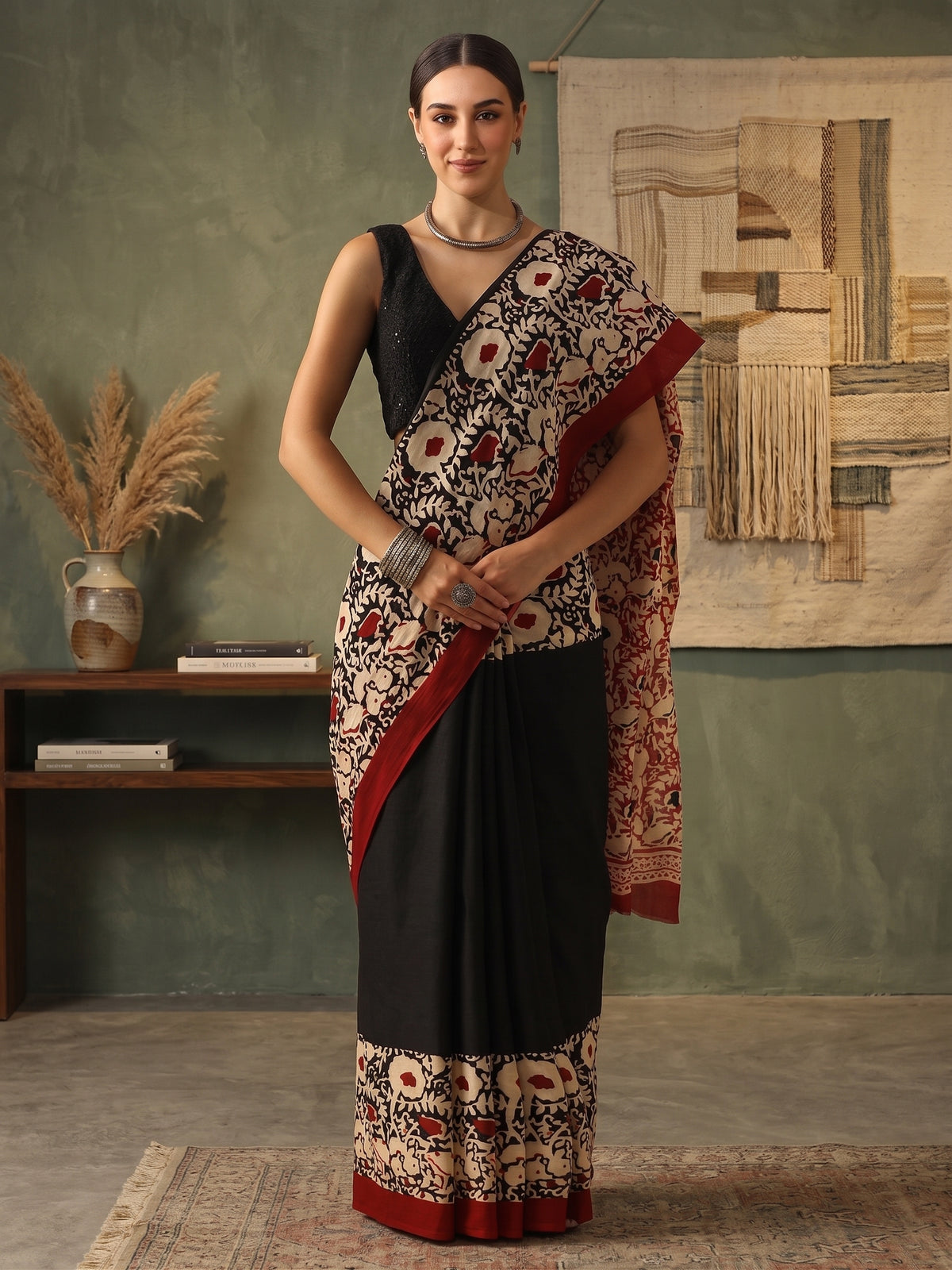 Black & Maroon Hand Block Printed Mul Cotton Saree