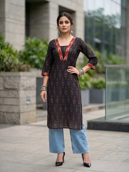 Black Ikat Printed Cotton Kurti Top (Top Only)