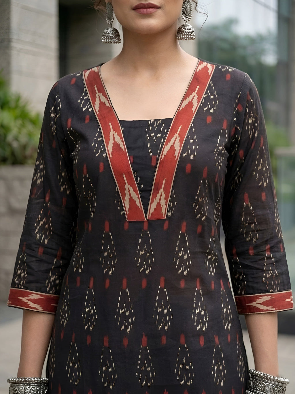 Black Ikat Printed Cotton Kurti Top (Top Only)