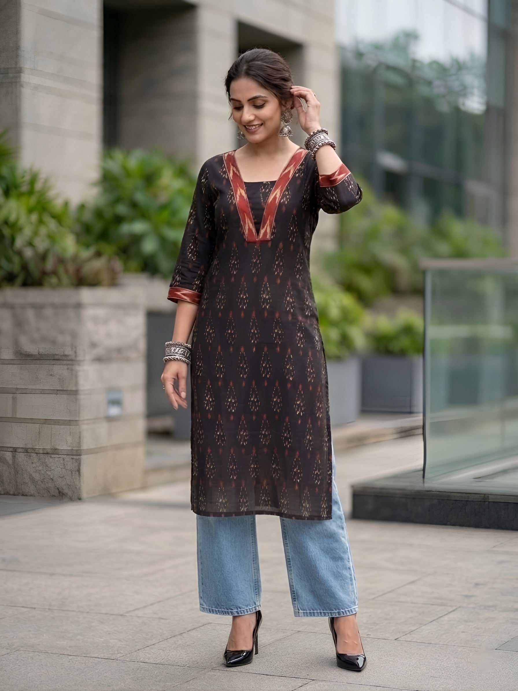 Black Ikat Printed Cotton Kurti Top (Top Only)