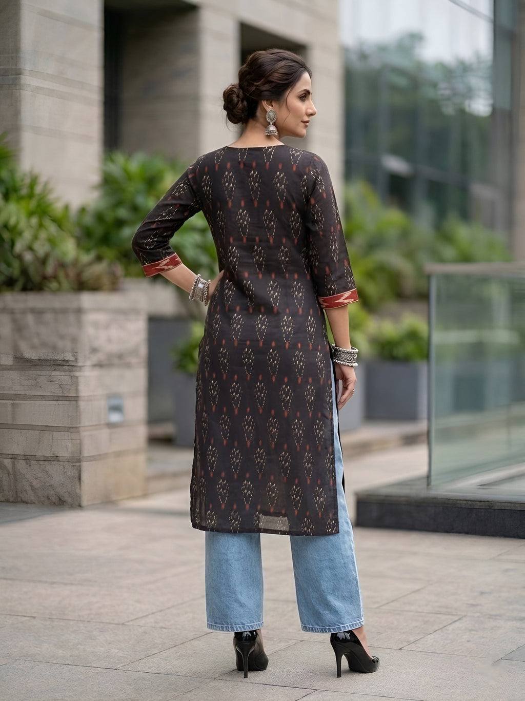 Black Ikat Printed Cotton Kurti Top (Top Only)