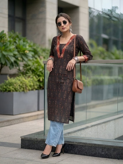 Black Ikat Printed Cotton Kurti Top (Top Only)