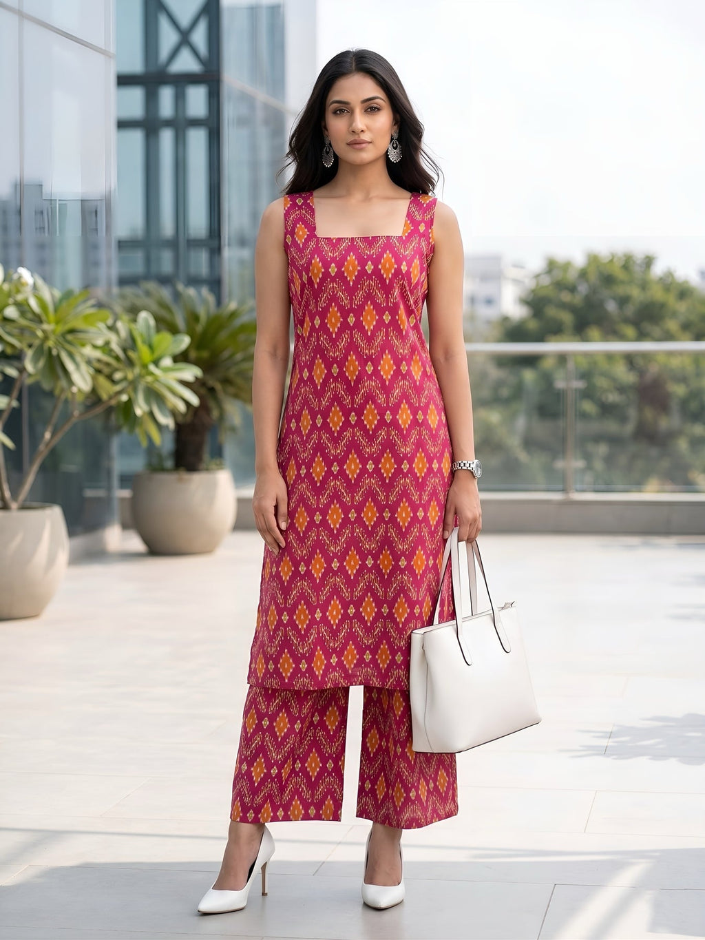 Pink Ikat Printed Soft Cotton Kurti Plazzo Set