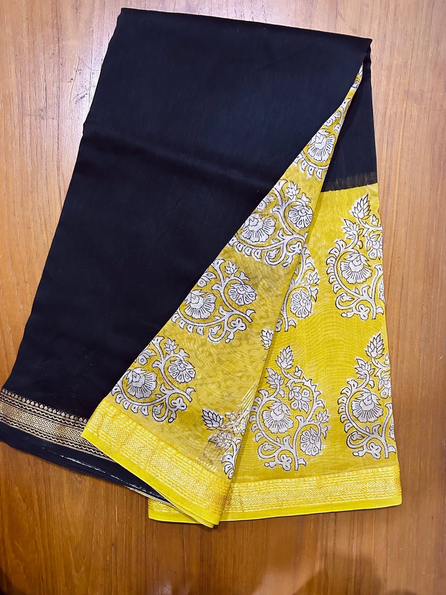 Black & Yellow Hand Block Printed Pure Maheswari Silk Saree