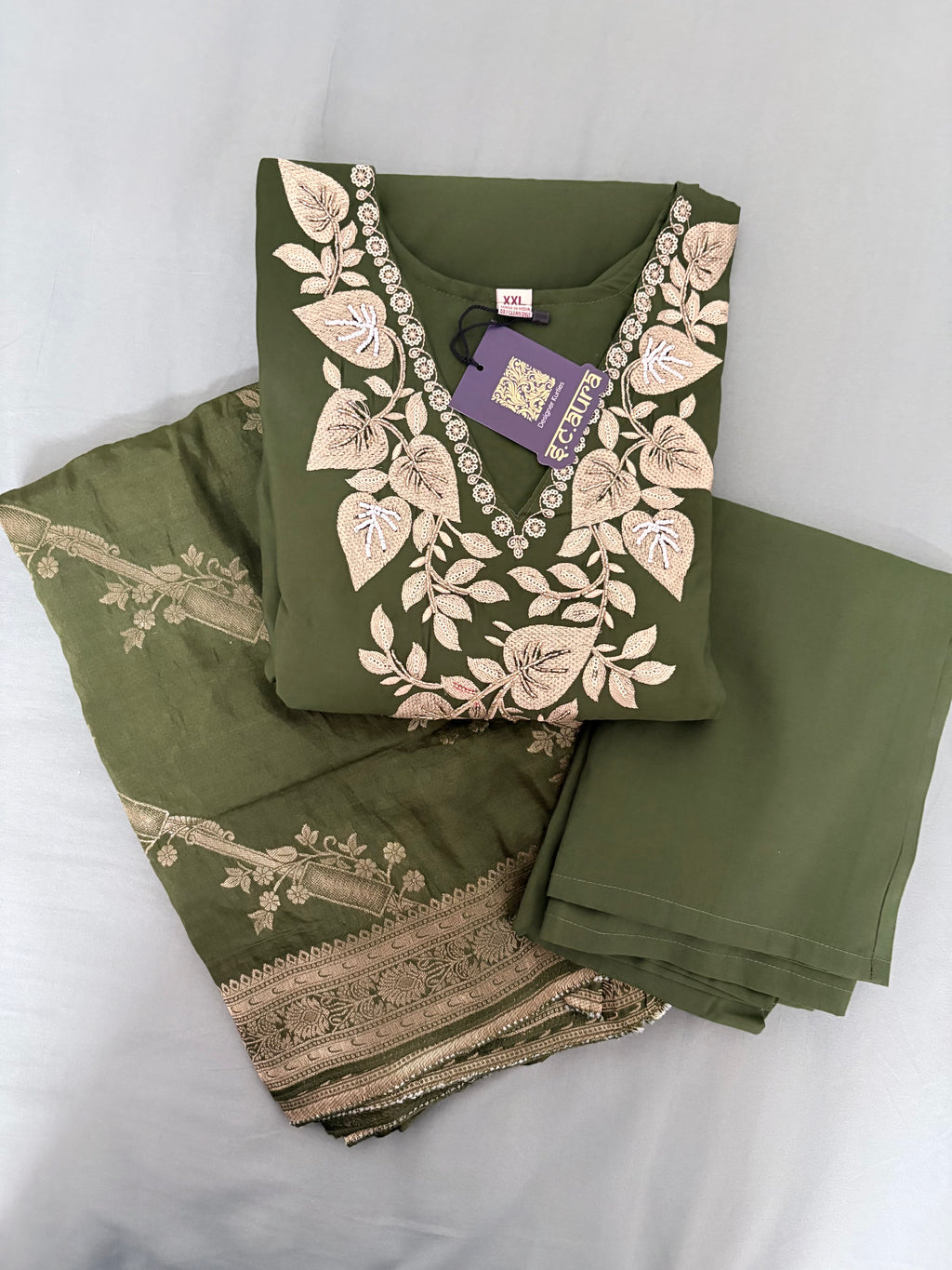 Solid mehandi Green Embroidered Roman silk Kurti Palazzo With Zari Woven Dupatta
