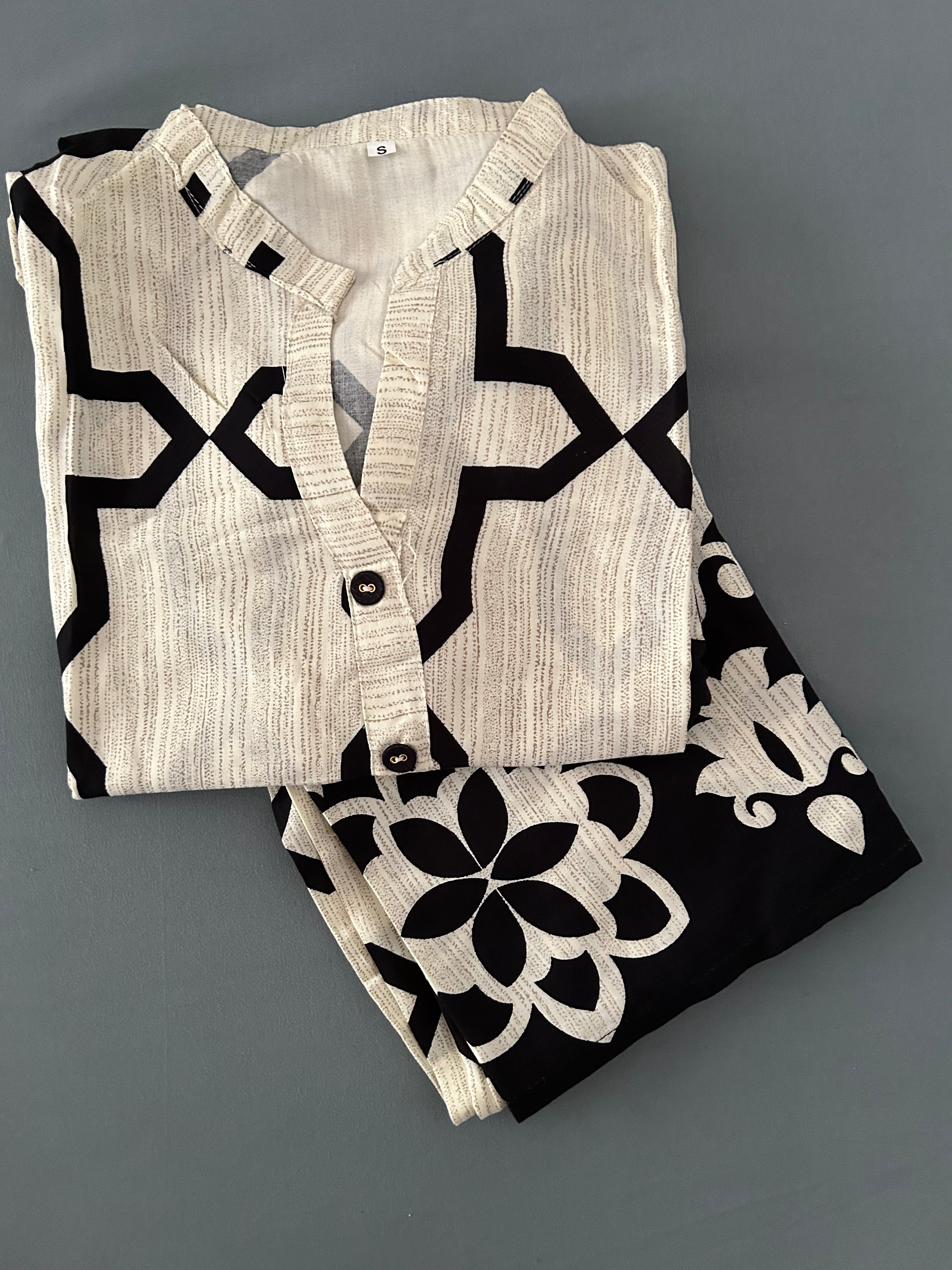 Black Off White Geometric Printed Rayon Co-Ord Set