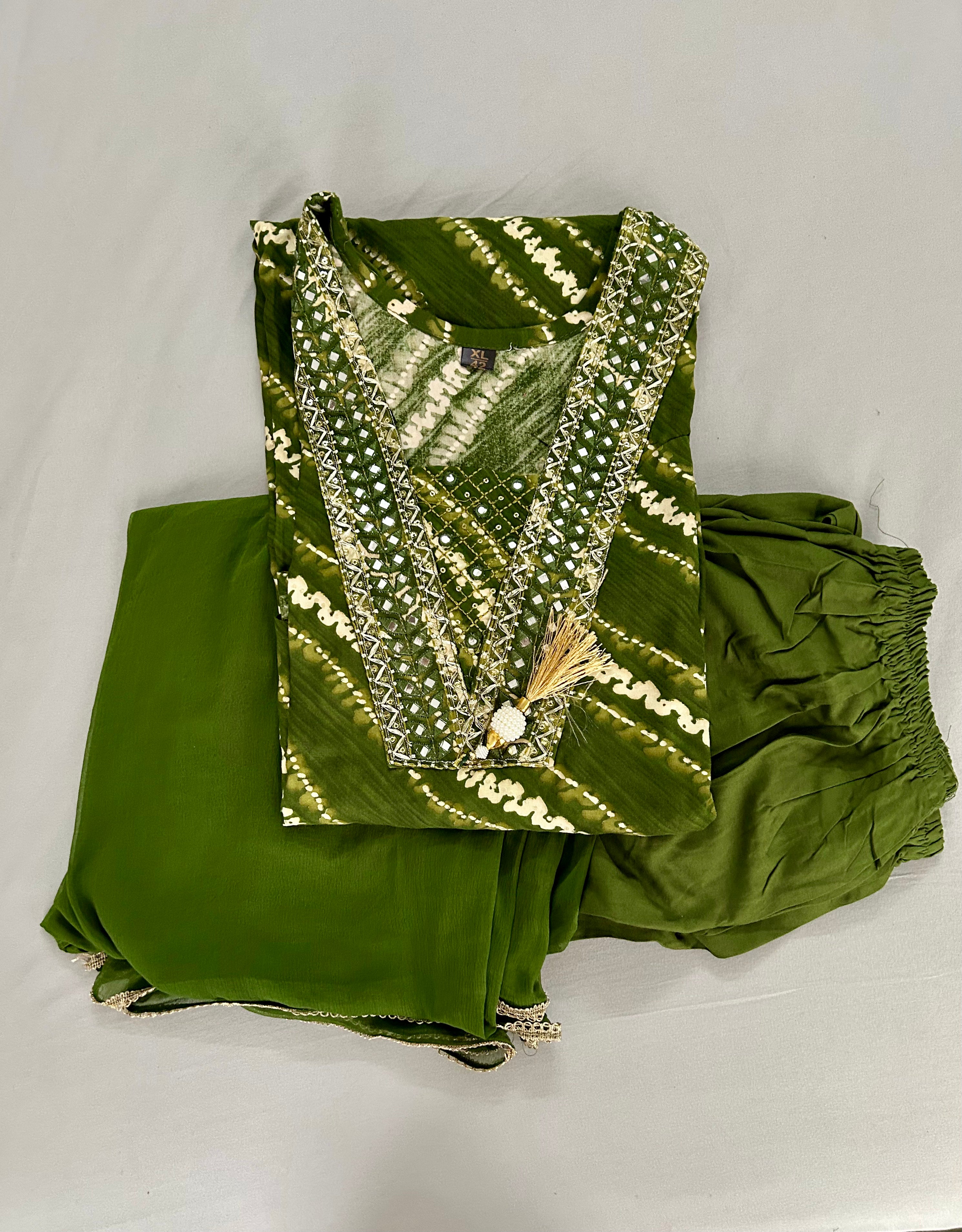 Green Printed Yoke Embroidered Rayon silk Kurti Palazzo With  Dupatta