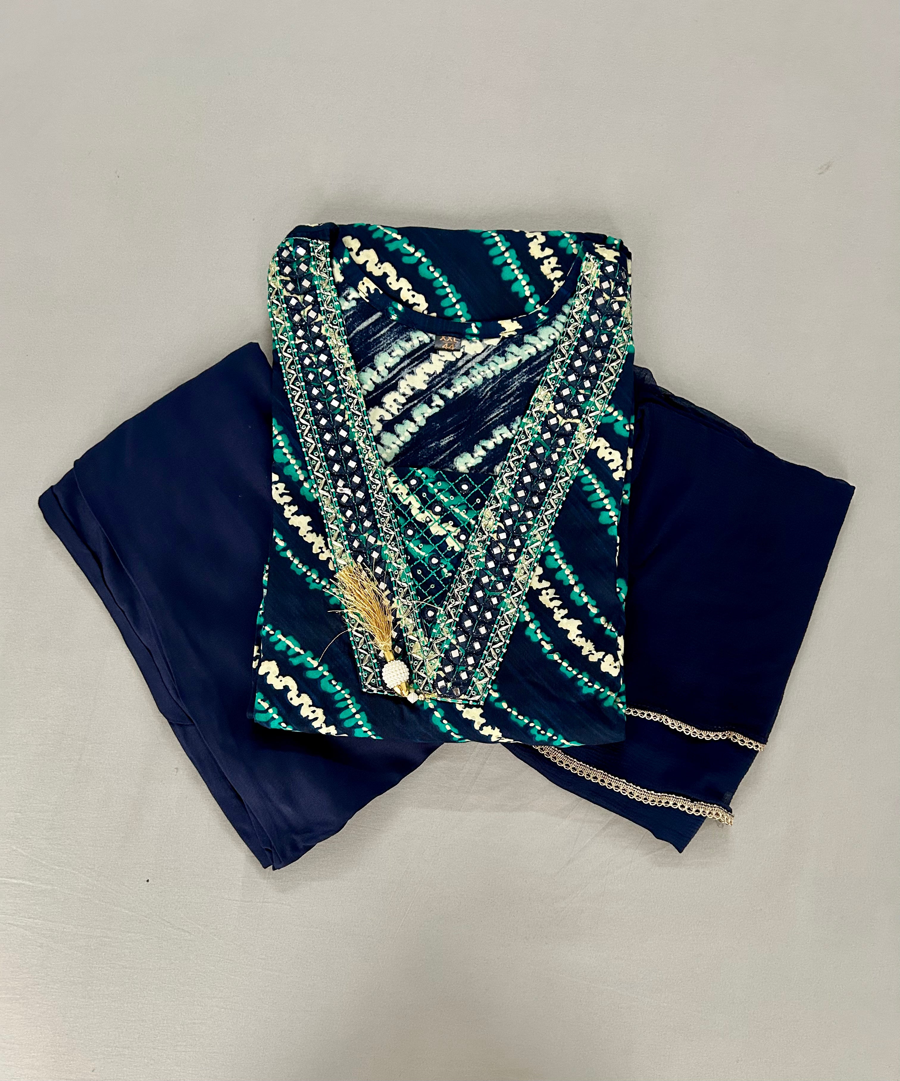 Blue Printed Yoke Embroidered Rayon silk Kurti Palazzo With  Dupatta
