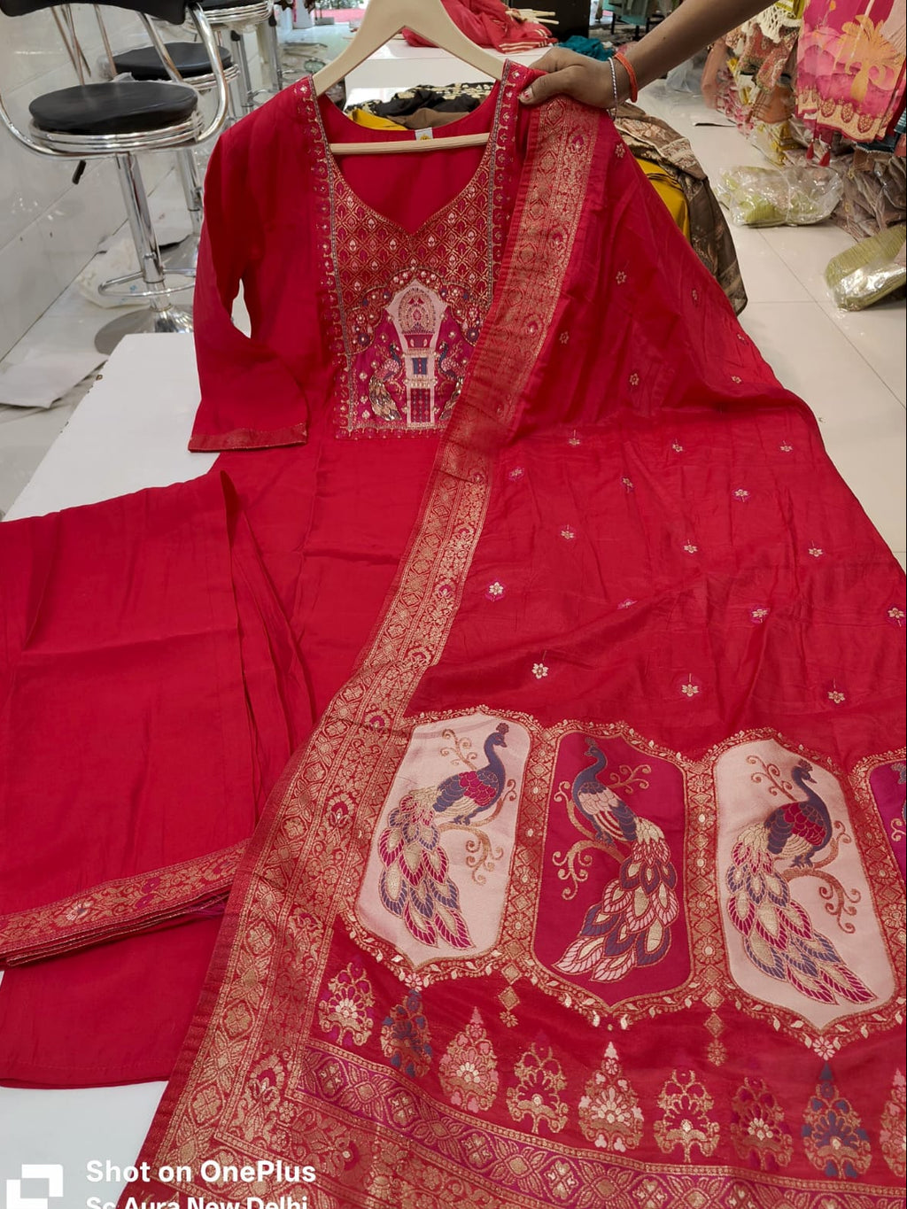 Solid Red  Banarsi patch Worked Kurti with Palazzo and Banarsi Jacquard Dupatta