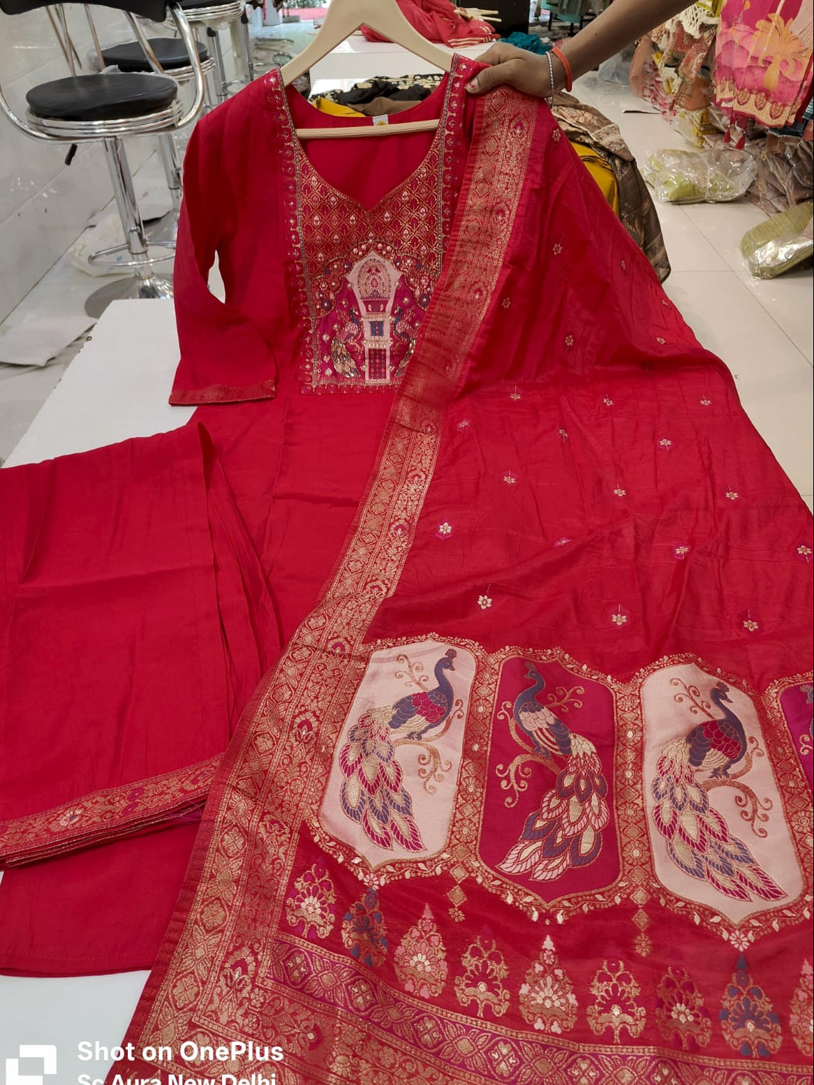 Solid Red  Banarsi patch Worked Kurti with Palazzo and Banarsi Jacquard Dupatta