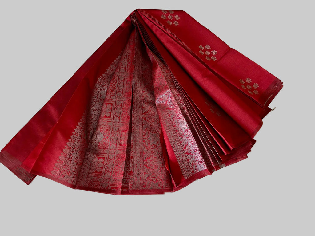 Solid Maroon with Silver zari Buta and Pallu Soft Silk Saree